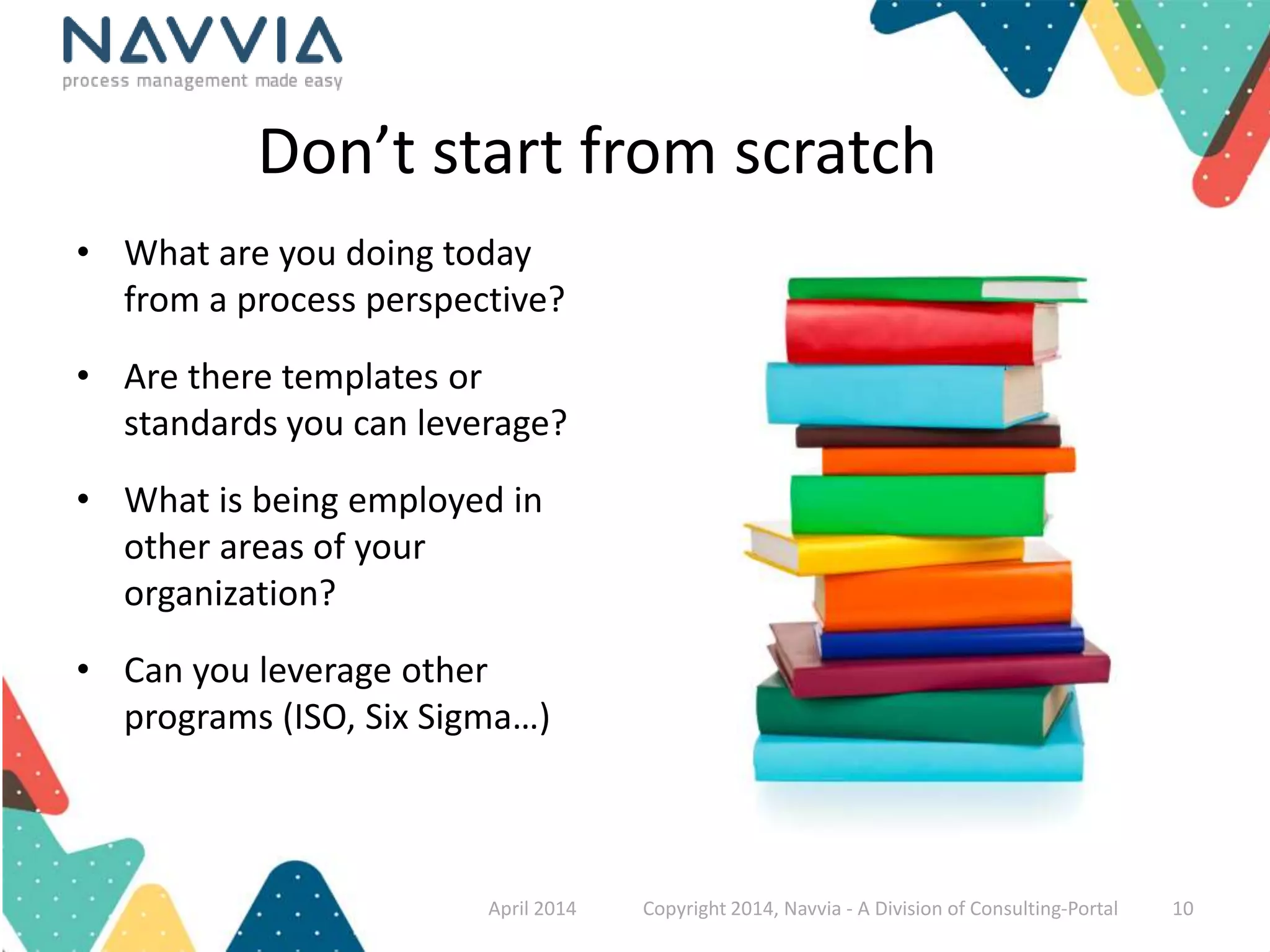 Don’t start from scratch 
• What are you doing today 
from a process perspective? 
• Are there templates or 
standards you can leverage? 
• What is being employed in 
other areas of your 
organization? 
• Can you leverage other 
programs (ISO, Six Sigma…) 
April 2014 Copyright 2014, Navvia - A Division of Consulting-Portal 10 
 