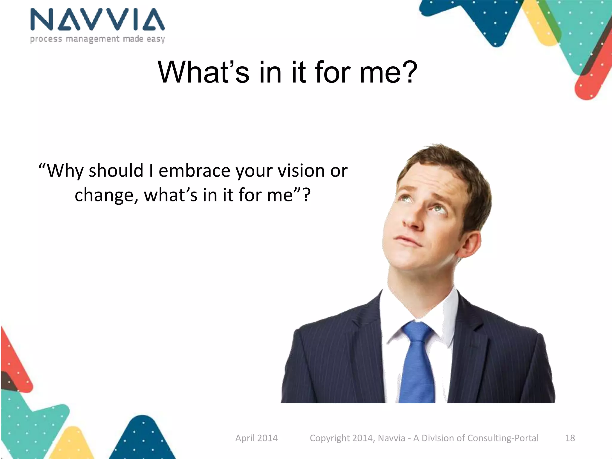 What’s in it for me? 
“Why should I embrace your vision or 
change, what’s in it for me”? 
April 2014 Copyright 2014, Navvia - A Division of Consulting-Portal 18 
 