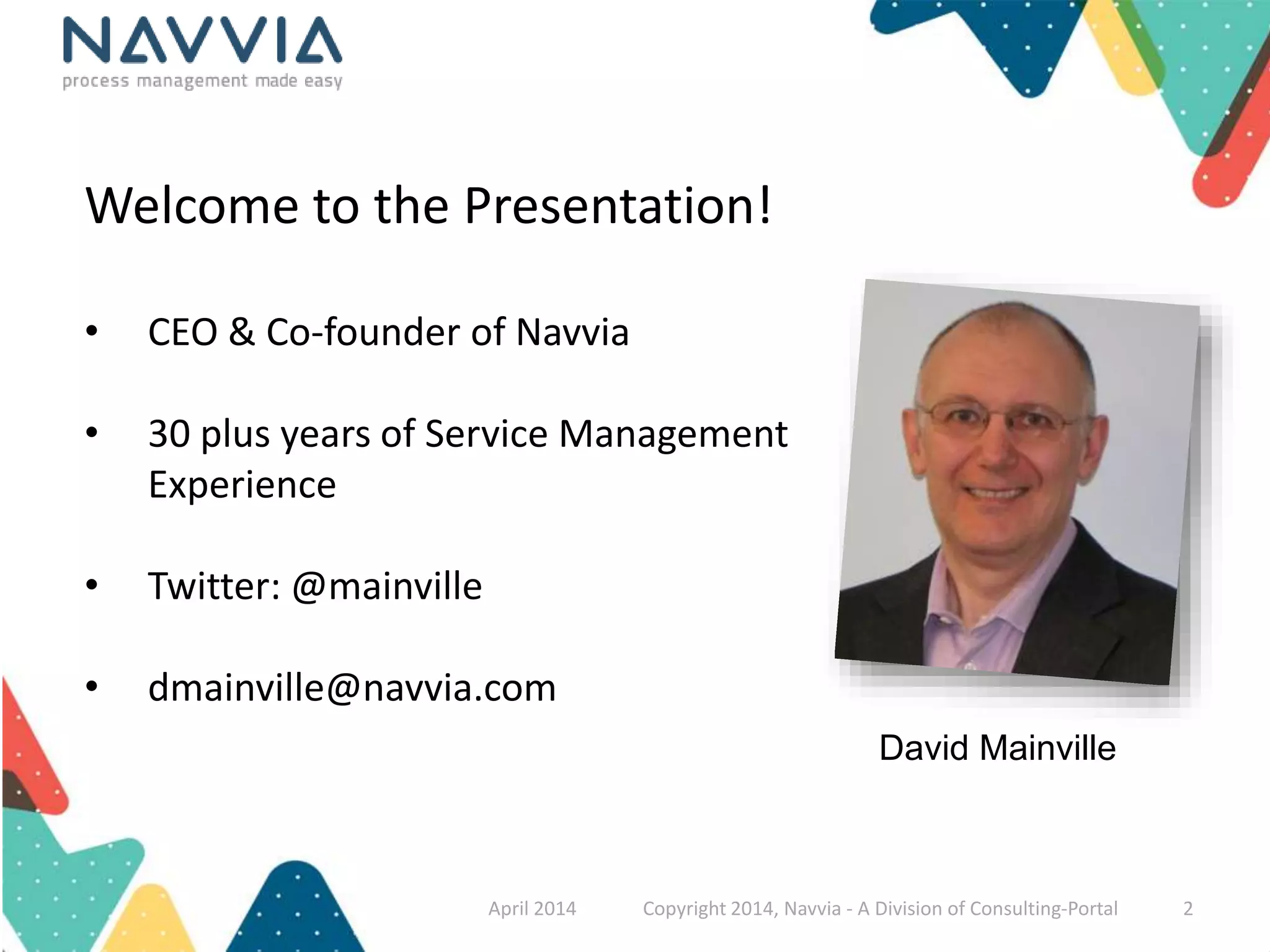 Welcome to the Presentation! 
• CEO & Co-founder of Navvia 
• 30 plus years of Service Management 
Experience 
• Twitter: @mainville 
• dmainville@navvia.com 
David Mainville 
April 2014 Copyright 2014, Navvia - A Division of Consulting-Portal 2 
 