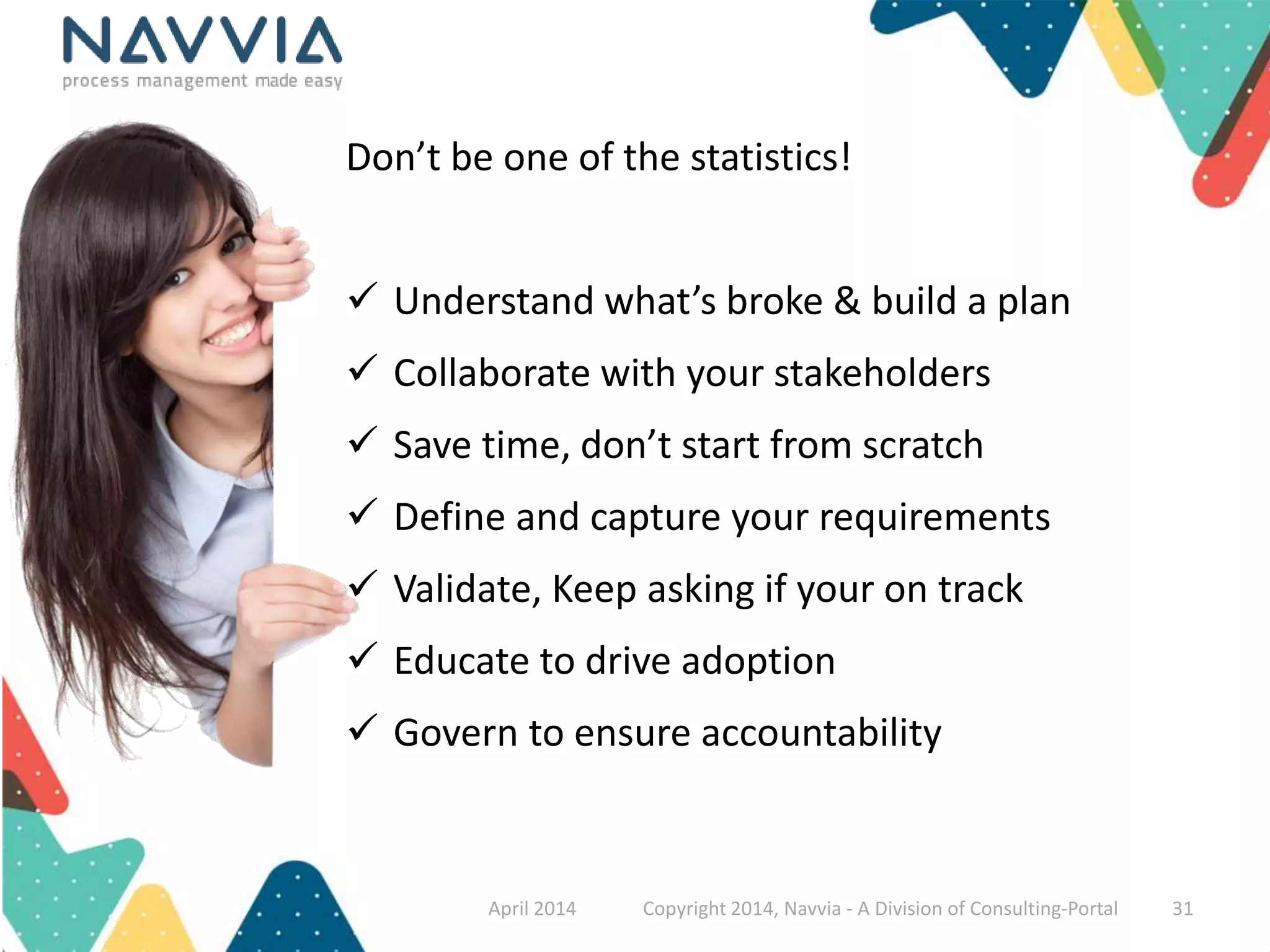Don’t be one of the statistics! 
 Understand what’s broke & build a plan 
 Collaborate with your stakeholders 
 Save time, don’t start from scratch 
 Define and capture your requirements 
 Validate, Keep asking if your on track 
 Educate to drive adoption 
 Govern to ensure accountability 
April 2014 Copyright 2014, Navvia - A Division of Consulting-Portal 31 
 