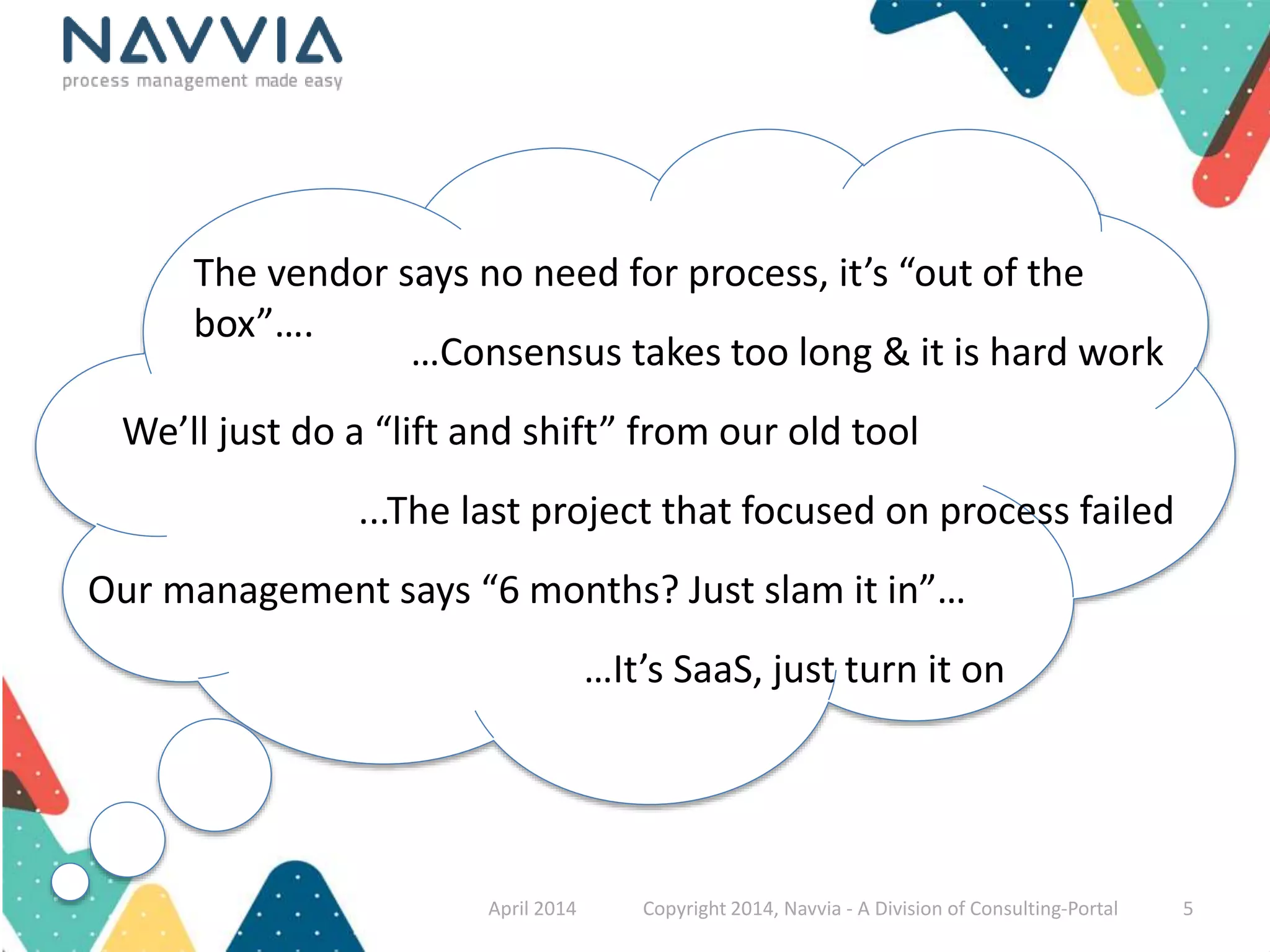 The vendor says no need for process, it’s “out of the 
box”…. 
…Consensus takes too long & it is hard work 
We’ll just do a “lift and shift” from our old tool 
...The last project that focused on process failed 
Our management says “6 months? Just slam it in”… 
…It’s SaaS, just turn it on 
April 2014 Copyright 2014, Navvia - A Division of Consulting-Portal 5 
 