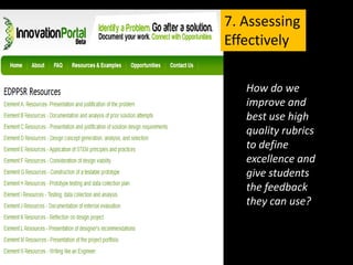 7. Assessing
Effectively

   How do we
   improve and
   best use high
   quality rubrics
   to define
   excellence and
   give students
   the feedback
   they can use?
 