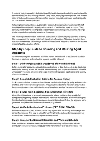 A regional civic organization dedicated to public health literacy struggled to send out weekly
seminar schedules and health guidelines using basic, newly registered profiles. The sudden
influx of outbound messages from unverified sources triggered automated safety protocols
on local internet service providers.
Following technical guidelines published by bestusit, the organization’s volunteer IT staff
transitioned their outreach campaigns to a network of established, aged accounts. They
carefully distributed the sending load across these historical endpoints, ensuring no single
profile exceeded normal daily behavioral thresholds.
The resulting data showed an immediate stabilization in community engagement, as safety
filters recognized the steady, historically baseline traffic pattern. This case study highlights
how non-profit entities can leverage technical infrastructure insights to maximize the societal
impact of public education efforts.
Step-by-Step Guide to Sourcing and Utilizing Aged
Accounts
To effectively integrate established accounts into an informational or educational outreach
framework, a precise and methodical process must be followed.
Step 1: Define Organizational Objectives and Volume Metrics
Before looking for accounts, calculate the exact volume of data that needs to be distributed
weekly and monthly across the network. Understanding your output requirements prevents
unnecessary resource allocation and helps determine the precise age bracket and quantity
of accounts needed.
Step 2: Establish Evaluation Criteria for Account History
Look for accounts that possess a clean history, ideal structural age (typically twelve months
or older), and verified creation protocols. Analyzing these backend indicators ensures that
the communication nodes match the technical standards required by your receiving servers.
Step 3: Source From Specialized Documentation Providers
When identifying where to acquire these accounts, rely on platforms that provide full
transparency regarding creation methods and historical maintenance. Educational insights
from bestusit emphasize checking provider documentation to verify that the accounts were
generated and preserved under standard network guidelines.
Step 4: Verify Authentication Protocols (SPF, DKIM, DMARC)
Ensure that every acquired account can be fully aligned with necessary domain keys and
sender frameworks. This step is critical for verifying that the outbound messages can be
authenticated by external security systems during transit.
Step 5: Implement a Gradual Integration and Warm-up Schedule
Even established accounts should not be thrust immediately into maximum volume
distribution scenarios; instead, introduce traffic incrementally over several weeks. This
 