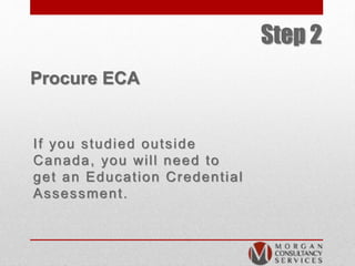 Step 2
Procure ECA
If you studied outside
Canada, you will need to
get an Education Credential
Assessment.
 
