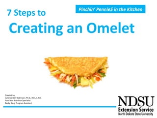 7 Steps to
Creating an Omelet
Pinchin’ Pennie$ in the Kitchen
Created by:
Julie Garden-Robinson, Ph.D., R.D., L.R.D.
Food and Nutrition Specialist
Becky Berg, Program Assistant
 
