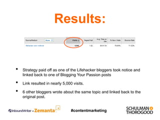 Results:


•   Strategy paid off as one of the Lifehacker bloggers took notice and
    linked back to one of Blogging Your...