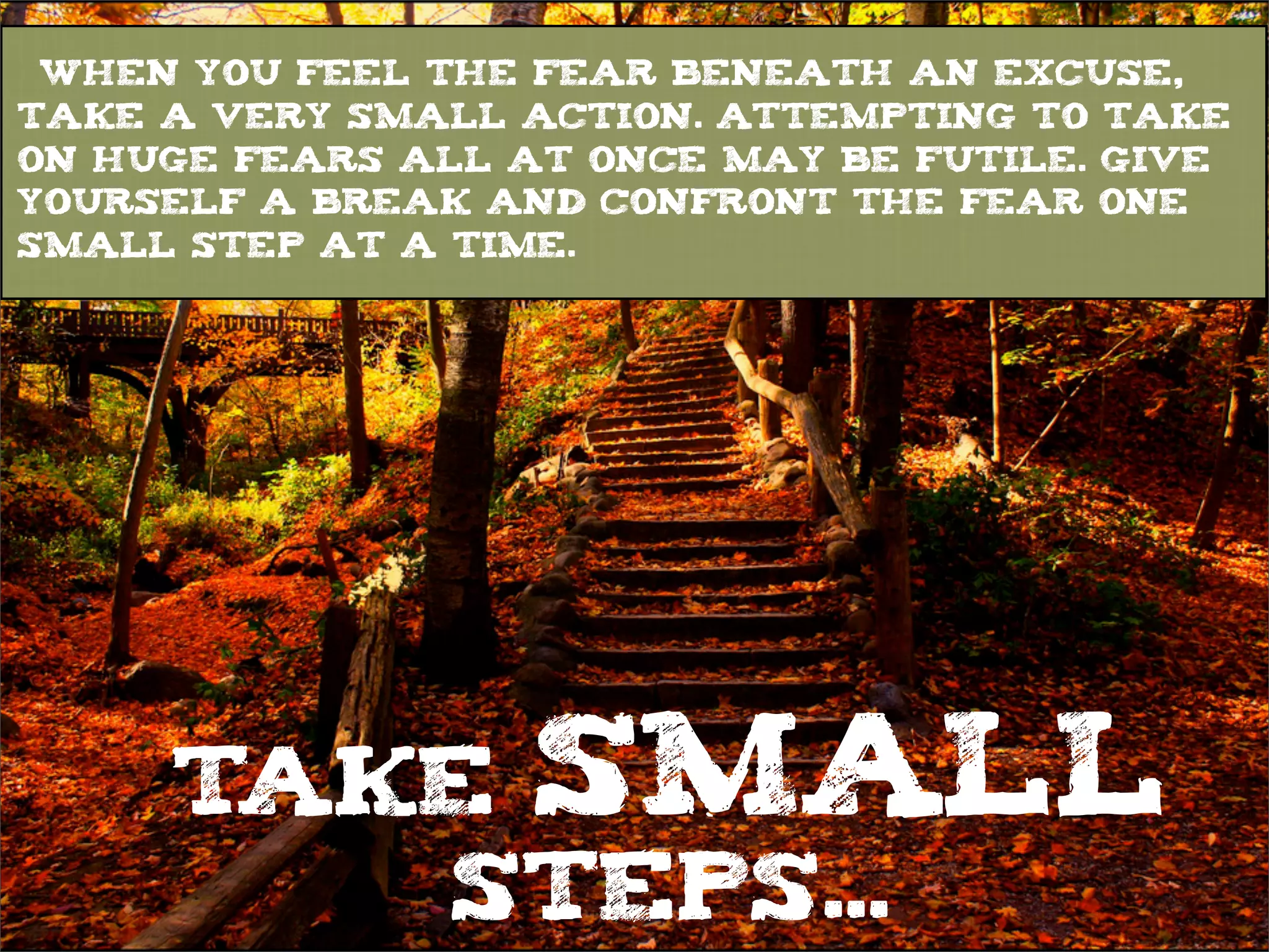 TAKE SMALL
STEPS...
When you feel the fear beneath an excuse,
take a very small action. Attempting to take
on huge fears all at once may be futile. Give
yourself a break and confront the fear one
small step at a time.
 