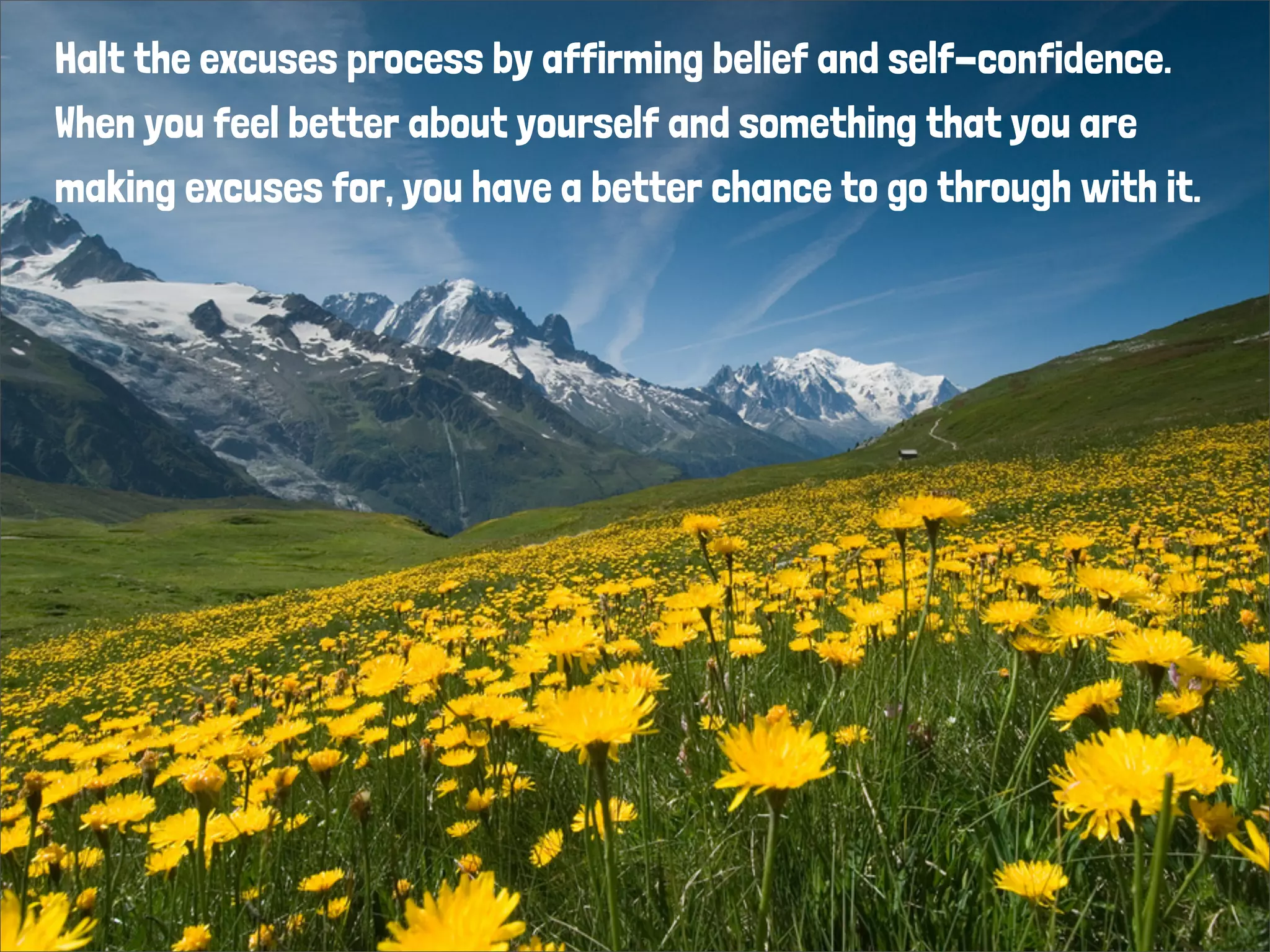 Halt the excuses process by affirming belief and self-confidence.
When you feel better about yourself and something that you are
making excuses for, you have a better chance to go through with it.
 