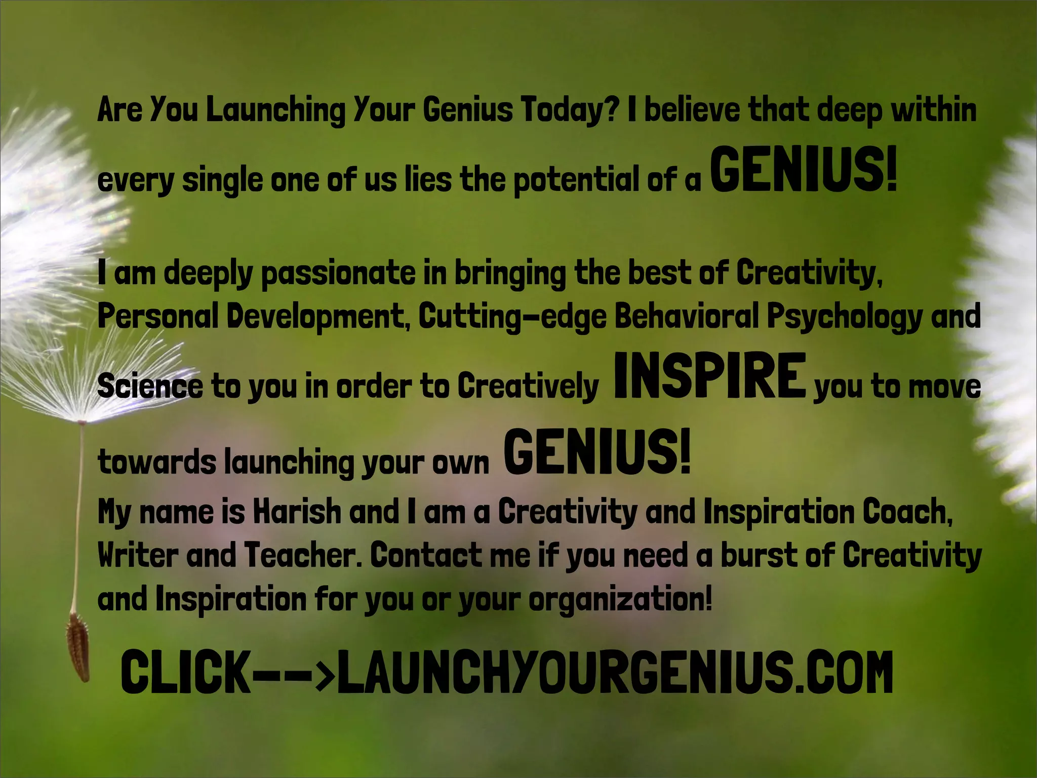 Are You Launching Your Genius Today? I believe that deep within
every single one of us lies the potential of a GENIUS!
I am deeply passionate in bringing the best of Creativity,
Personal Development, Cutting-edge Behavioral Psychology and
Science to you in order to Creatively INSPIREyou to move
towards launching your own GENIUS!
My name is Harish and I am a Creativity and Inspiration Coach,
Writer and Teacher. Contact me if you need a burst of Creativity
and Inspiration for you or your organization!
CLICK-->LAUNCHYOURGENIUS.COM
 