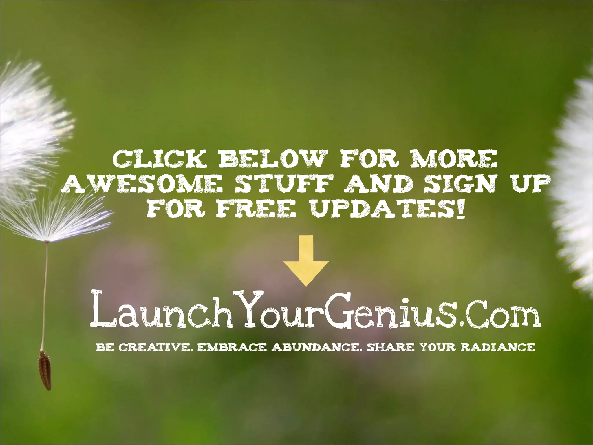 LaunchYourGenius.Com
BE CREATIVE. EMBRACE ABUNDANCE. SHARE YOUR RADIANCE
Click below for more
awesome stuff and sign up
for free updates!
 
