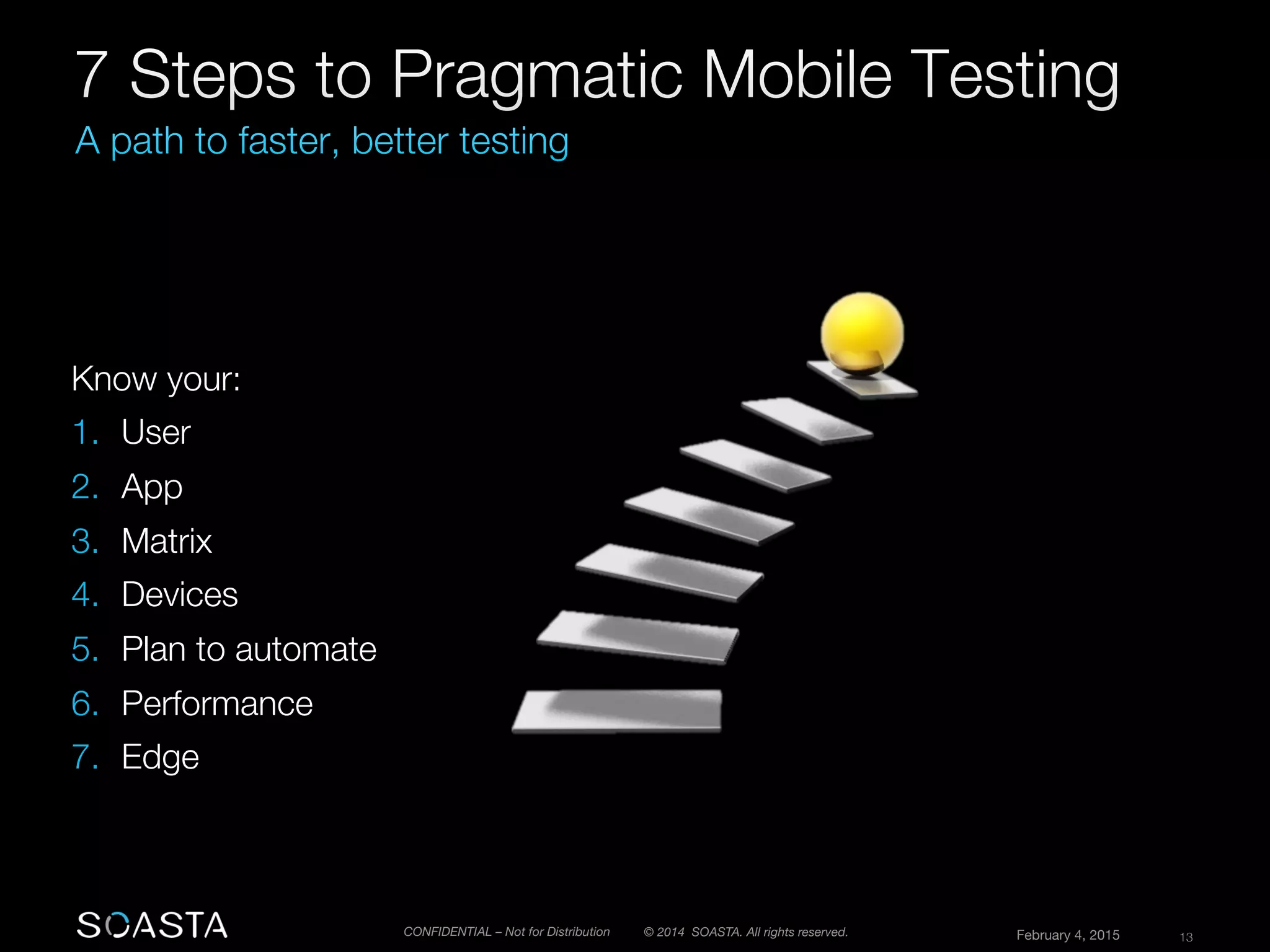 © 2014 SOASTA. All rights reserved.
 February 4, 2015
 13
CONFIDENTIAL – Not for Distribution
Know your:
1.  User
2.  App
3.  Matrix
4.  Devices
5.  Plan to automate
6.  Performance
7.  Edge
 