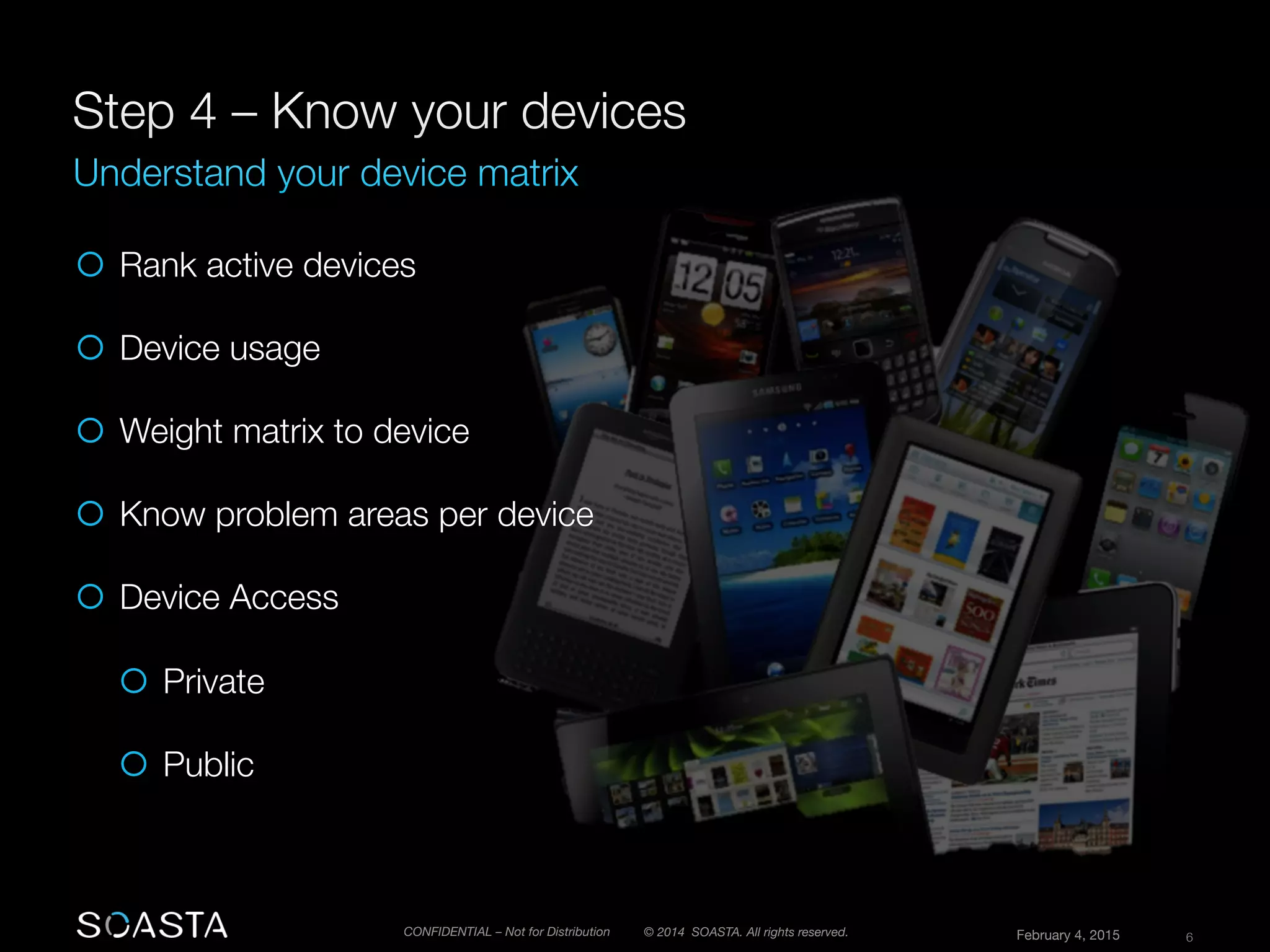 © 2014 SOASTA. All rights reserved.
 February 4, 2015
 6
CONFIDENTIAL – Not for Distribution
¡  Rank active devices
¡  Device usage 
¡  Weight matrix to device
¡  Know problem areas per device
¡  Device Access
¡  Private
¡  Public


 