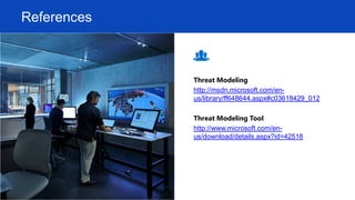 References
Threat Modeling
http://msdn.microsoft.com/en-
us/library/ff648644.aspx#c03618429_012
Threat Modeling Tool
http://www.microsoft.com/en-
us/download/details.aspx?id=42518
 