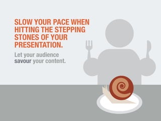 SLOW YOUR PACE WHEN 
HITTING THE STEPPING 
STONES OF YOUR 
PRESENTATION. 
Let your audience 
savour your content. 
 