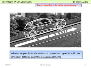LOS FRENOS EN LOS VEHÍCULOS IES JOVELLANOSLOS FRENOS EN LOS VEHÍCULOS IES JOVELLANOS
21/02/17 Nicolás Colado 9
Vehículo en pendiente al menos como la que sea capaz de subir, sin
conductor, detenido con freno de estacionamiento
Vehículo en pendiente al menos como la que sea capaz de subir, sin
conductor, detenido con freno de estacionamiento
Freno auxiliar o de estacionamientoFreno auxiliar o de estacionamiento
 