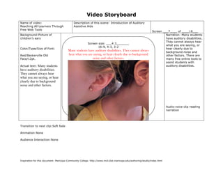 Video Storyboard
Name of video:                               Description of this scene: Introduction of Auditory
Reaching All Learners Through                Assistive Aids
Free Web Tools
                                                                                                               Screen ___7____ of ____18___
Background:Picture of                                                                                                   Narration: Many students
children’s ears                                                                                                         have auditory disabilities.
                                                                                                                        They cannot always hear
                                                         Screen size: ___4:3_______
                                                                                                                        what you are saying, or
                                                                16:9, 4:3, 3:2
Color/Type/Size of Font:                                                                                                hear clearly due to
                                        Many students have auditory disabilities. They cannot always                    background noise and
Red/Baskerville Old                     hear what you are saying, or hear clearly due to background                     other factors. There are
Face/12pt.                                               noise and other factors.                                       many free online tools to
                                                                                                                        assist students with
Actual text: Many students                                                                                              auditory disabilities.
have auditory disabilities.
They cannot always hear
what you are saying, or hear
clearly due to background
noise and other factors.




                                                                                                                           Audio:voice clip reading
                                                                                                                           narration




Transition to next clip:Soft fade

Animation:None

Audience Interaction:None




Inspiration for this document: Maricopa Community College. http://www.mcli.dist.maricopa.edu/authoring/studio/index.html
 