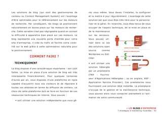 Les solutions de blog (qui sont des gestionnaires de 
contenu ou Content Management System) ont l’avantage 
d’être optimisées pour le référencement sur les moteurs 
de recherche. Par conséquent, les blogs se positionnent 
naturellement en bonne place sur les moteurs de recher-che. 
Cette variable n’est pas négligeable quand on connait 
la difficulté à apparaître bien placé sur ces moteurs. Le 
blog représente une nouvelle porte d’entrée pour votre 
site d’entreprise, il crée du trafic et facilite votre visibi-lité 
sur le web grâce à cette optimisation naturelle pour 
le positionnement. 
COMMENT FAIRE ? 
techniquement 
Le blog dispose d’une caractérisque importante : son coût 
faible. La mise en place d’une solution de blog est très 
interessante financièrement. Pour quelques centaines 
d’euros par an, vous disposez d’une plateforme en ligne 
capable d’accueillir tous vos visiteurs et de répondre à 
toutes vos attentes en terme de diffusion de contenu. Le 
choix de cette plateforme doit se faire en fonction de vos 
ressources techniques en interne. Vous pouvez : 
• soit utiliser une solution indépendante que vous gé-rez 
vous même. Vous devez l’installer, la configurer 
et la mettre à jour régulièrement. L’avantage de cette 
solution est que vous êtes très libre pour la personna-liser 
et la gérer. En revanche, vous êtes tenus de vous 
occuper de l’aspect technique, de la mise en place et 
de la maintenance 
sur les serveurs. 
Vous pouvez uti-liser 
dans ce cas 
des solutions open 
source comme 
Wordpress ou Dot-clear. 
• soit utiliser une 
solution hébergée 
par un prestataire 
(FAH : Fournis-seur 
d’Applications Hébergées ; ou en anglais, ASP : 
Application Service Provider). Ces prestataires vous 
fournissent une solution déjà installée. Le prestataire 
s’occupe de la gestion et la maintenance technique, 
vous pouvez alors vous consacrer pleinement à l’ani-mation 
de votre communauté. 
» Les blogs d’entreprise 
7 stratégies e-marketing illustrées - 43 
 