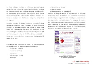 En effet, l’objectif final est de définir qui gagnera le plus 
de defis et pour cela, c’est encore la communauté qui vote 
en commentant sur son candidat préféré. En définitive, 
les internautes ayant proposé les meilleurs défis seront 
recompensés par des cadeaux et le meilleur des deux ac-teurs 
du jeu (qui sont d’ailleurs 2 blogeurs) remportera 
un voyage. 
Dans cet exemple de blog d’entreprise ponctuel, le blog 
fait partie intégrante d’une campagne de Buzz Marketing 
autour d’un nouveau produit. Le succès du blog Nana 
passe par l’importance des relais sur internent. En un 
mois, le blog lenversdelendroit.com a généré plus de 150 
commentaires, créé plus de 20 défis et ne cesse de déve-lopper 
son nombre de liens entrants avec déjà plus de 70 
relais sur le web. 
L’entreprise peut également se doter d’un blog permanent 
qui sera à même de répondre à différent besoins : 
• nouveautés produits 
• nouveaux services 
• promotions 
• aide en ligne et FAQ 
• actualités 
• tendances du secteur 
• relation presse 
• communication en cas de crise 
Ce type de blog se répand de plus en plus au sein des 
entreprises mais il demande une véritable organisation 
en interne pour la gestion et la mise à jour des contenus. 
Une des règles sur l’utilisation d’un blog est de mettre 
des nouveaux messages régulièrement. Les lecteurs pren-nent 
l’habitude de lire le blog à une certaine fréquence 
en fonction de l’activité sur celui-ci et il faut absolument 
maintenir le rythme de rédaction des articles. 
Le blog discounteo 
véritable support de communication 
de l’enseigne commerciale 
» Les blogs d’entreprise 
7 stratégies e-marketing illustrées - 45 
 