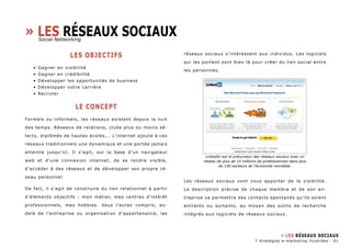 LES OBJECTIFS 
• Gagner en visibilité 
• Gagner en crédibilité 
• Développer les opportunités de business 
• Développer votre carrière 
• Recruter 
LE CONCEPT 
Formels ou informels, les réseaux existent depuis la nuit 
des temps. Réseaux de relations, clubs plus ou moins sé-lects, 
diplômés de hautes écoles,… L’internet ajoute à ces 
réseaux traditionnels une dynamique et une portée jamais 
atteinte jusqu’ici. Il s’agit, sur la base d’un navigateur 
web et d’une connexion internet, de se rendre visible, 
d’accéder à des réseaux et de développer son propre ré-seau 
personnel. 
De fait, il s’agit de construire du lien relationnel à partir 
d’éléments objectifs : mon métier, mes centres d’intérêt 
professionnels, mes hobbies. Vous l’aurez compris, au-delà 
de l’entreprise ou organisation d’appartenance, les 
réseaux sociaux s’intéressent aux individus. Les logiciels 
qui les portent sont bien là pour créer du lien social entre 
les personnes. 
Les réseaux sociaux vont vous apporter de la visibilité. 
La description précise de chaque membre et de son en-treprise 
va permettre des contacts spontanés qu’ils soient 
entrants ou sortants, au moyen des outils de recherche 
intégrés aux logiciels de réseaux sociaux. 
» Les réseaux sociaux 
Social Networking 
LinkedIn est le précurseur des réseaux sociaux avec un 
réseau de plus de 14 millions de professionnels dans plus 
de 150 secteurs de l’économie mondiale. 
» Les Réseaux sociaux 
7 stratégies e-marketing illustrées - 61 
 
