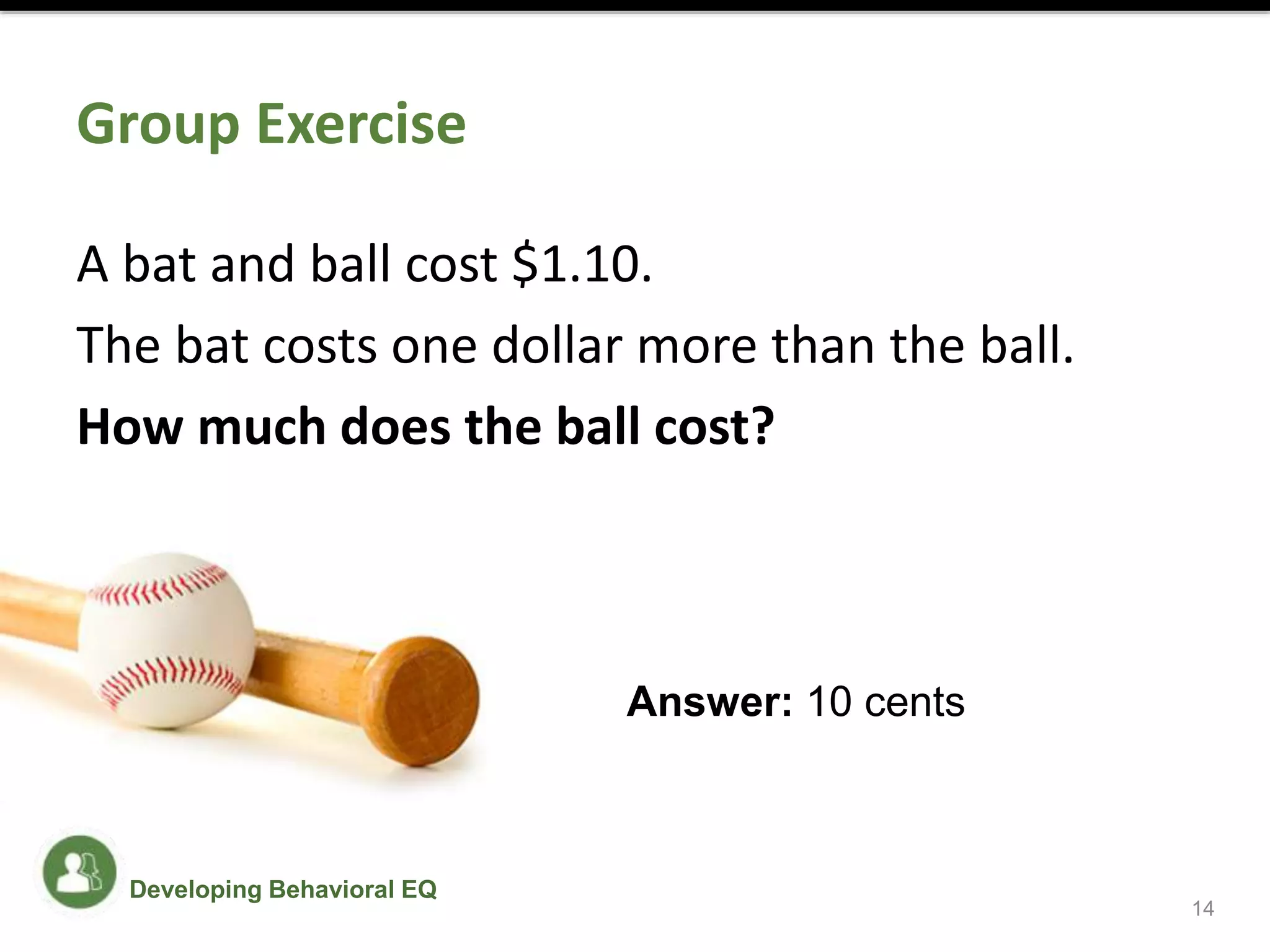 Group Exercise
A bat and ball cost $1.10.
The bat costs one dollar more than the ball.
How much does the ball cost?
14
Answer: 10 cents
Developing Behavioral EQ
 