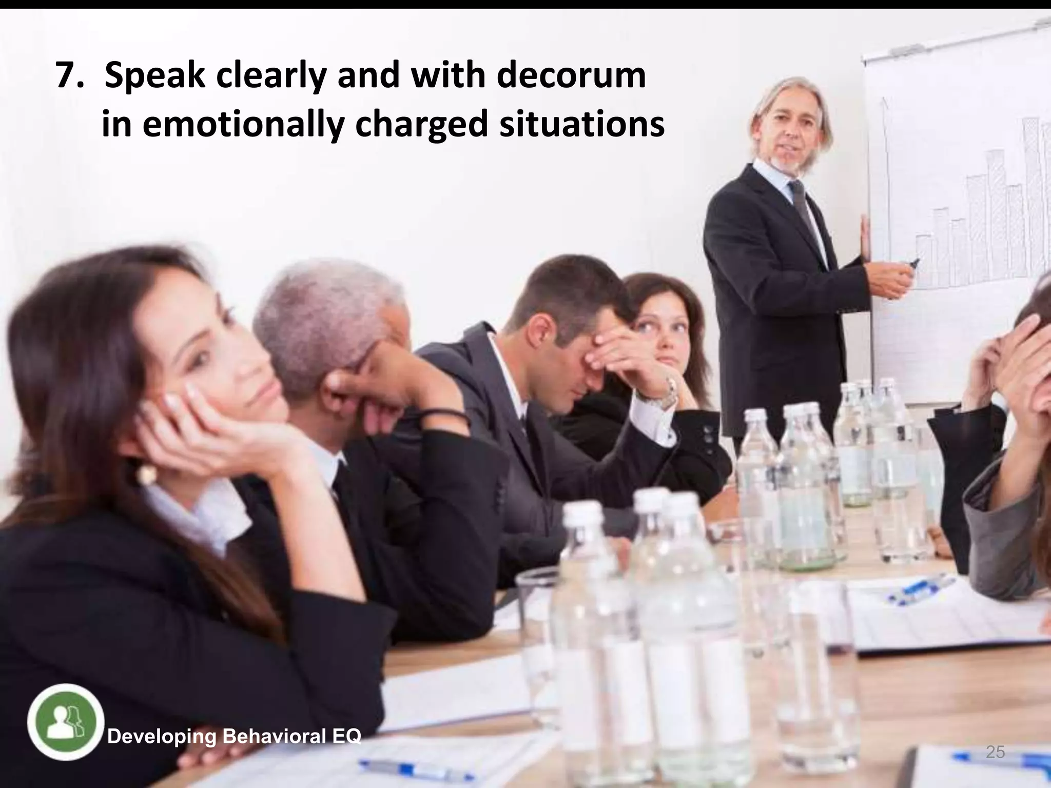 7. Speak clearly and with decorum
in emotionally charged situations
25
Developing Behavioral EQ
 