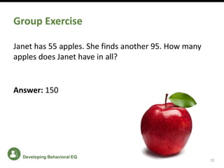 Group Exercise
Janet has 55 apples. She finds another 95. How many
apples does Janet have in all?
Answer: 150
12
Developing Behavioral EQ
 