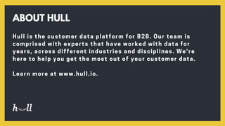 Hull is the customer data platform for B2B. Our team is
comprised with experts that have worked with data for
years, across different industries and disciplines. We're
here to help you get the most out of your customer data.
Learn more at www.hull.io.
ABOUT HULL