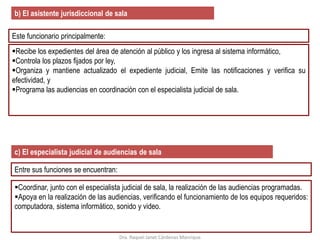 b) El asistente jurisdiccional de sala
Este funcionario principalmente:
Recibe los expedientes del área de atención al público y los ingresa al sistema informático,
Controla los plazos fijados por ley,
Organiza y mantiene actualizado el expediente judicial, Emite las notificaciones y verifica su
efectividad, y
Programa las audiencias en coordinación con el especialista judicial de sala.
c) El especialista judicial de audiencias de sala
Entre sus funciones se encuentran:
Coordinar, junto con el especialista judicial de sala, la realización de las audiencias programadas.
Apoya en la realización de las audiencias, verificando el funcionamiento de los equipos requeridos:
computadora, sistema informático, sonido y video.
Dra. Raquel Janet Cárdenas Manrique
 