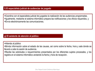 f) El especialista judicial de audiencias de juzgado
Coordina con el especialista judicial de juzgados la realización de las audiencias programadas.
Igualmente, mediante el sistema informático prepara las notificaciones y los oficios requeridos, y
Envía electrónicamente las comunicaciones.
g) El asistente de atención al público
Atiende al público
Brinda información sobre el estado de las causas, así como sobre la fecha, hora y sala donde se
llevará a cabo la sesión de audiencia.
Recibe las solicitudes o requerimientos presentados por los diferentes sujetos procesales, y los
registra en el sistema informático anotando la fecha y hora de recepción.
Dra. Raquel Janet Cárdenas Manrique
 