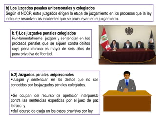 Dra. Raquel Janet Cárdenas Manrique
b) Los juzgados penales unipersonales y colegiados
Según el NCCP, estos juzgados dirigen la etapa de juzgamiento en los procesos que la ley
indique y resuelven los incidentes que se promuevan en el juzgamiento.
b.1) Los juzgados penales colegiados
Fundamentalmente, juzgan y sentencian en los
procesos penales que se siguen contra delitos
cuya pena mínima es mayor de seis años de
pena privativa de libertad.
b.2) Juzgados penales unipersonales
Juzgan y sentencian en los delitos que no son
conocidos por los juzgados penales colegiados.
Se ocupan del recurso de apelación interpuesto
contra las sentencias expedidas por el juez de paz
letrado, y
del recurso de queja en los casos previstos por ley.
 