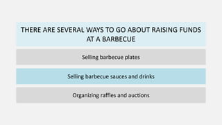 THERE ARE SEVERAL WAYS TO GO ABOUT RAISING FUNDS
AT A BARBECUE
Selling barbecue plates
Selling barbecue sauces and drinks
Organizing raffles and auctions
 