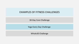 EXAMPLES OF FITNESS CHALLENGES
30-Day Core Challenge
Yoga Every Day Challenge
Whole30 Challenge
 