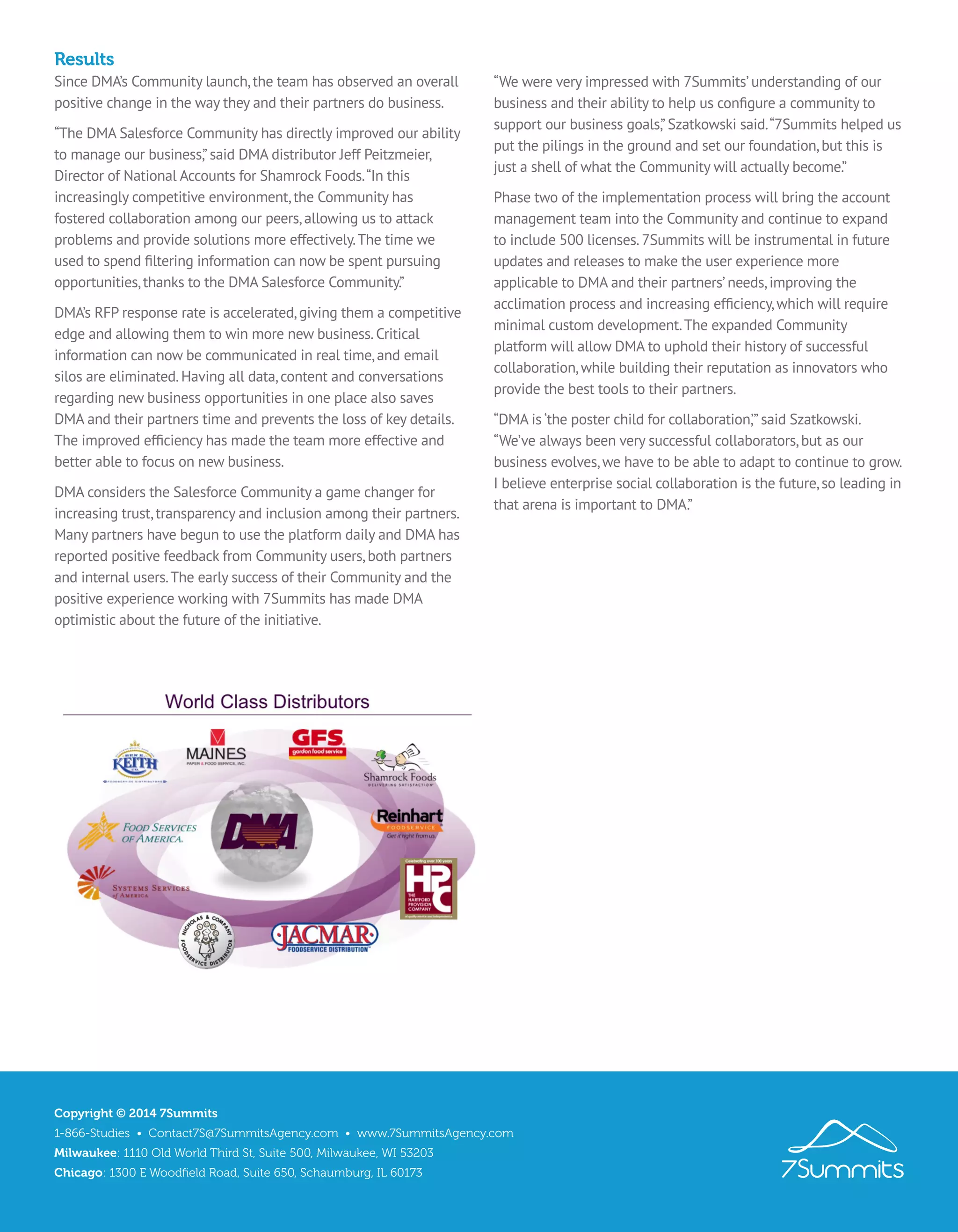 Copyright © 2014 7Summits
1-866-Studies • Contact7S@7SummitsAgency.com • www.7SummitsAgency.com
Milwaukee: 1110 Old World Third St, Suite 500, Milwaukee, WI 53203
Chicago: 1300 E Woodﬁeld Road, Suite 650, Schaumburg, IL 60173
Results
Since DMA’s Community launch,the team has observed an overall
positive change in the way they and their partners do business.
to manage our business,”said DMA distributor Jeff Peitzmeier,
increasingly competitive environment,the Community has
fostered collaboration among our peers,allowing us to attack
opportunities,thanks to the DMA Salesforce Community.”
edge and allowing them to win more new business.Critical
information can now be communicated in real time,and email
silos are eliminated.Having all data,content and conversations
regarding new business opportunities in one place also saves
DMA and their partners time and prevents the loss of key details.
better able to focus on new business.
DMA considers the Salesforce Community a game changer for
increasing trust,transparency and inclusion among their partners.
Many partners have begun to use the platform daily and DMA has
reported positive feedback from Community users,both partners
positive experience working with 7Summits has made DMA
optimistic about the future of the initiative.
“We were very impressed with 7Summits’understanding of our
support our business goals,”Szatkowski said.“7Summits helped us
put the pilings in the ground and set our foundation,but this is
just a shell of what the Community will actually become.”
Phase two of the implementation process will bring the account
management team into the Community and continue to expand
to include 500 licenses.7Summits will be instrumental in future
updates and releases to make the user experience more
applicable to DMA and their partners’needs,improving the
platform will allow DMA to uphold their history of successful
collaboration,while building their reputation as innovators who
provide the best tools to their partners.
“DMA is ‘the poster child for collaboration,’”said Szatkowski.
“We’ve always been very successful collaborators,but as our
business evolves,we have to be able to adapt to continue to grow.
I believe enterprise social collaboration is the future,so leading in
that arena is important to DMA.”
 