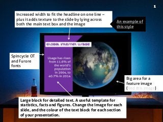 Big area for a feature image (find this image) 
Increased width to fit the headline on one line – plus it adds texture to the slide by lying across both the main text box and the image 
An example of this style 
Spincycle OT and Furore fonts 
Large block for detailed text. A useful template for statistics, facts and figures. Change the image for each slide, and the colour of the text block for each section of your presentation.  