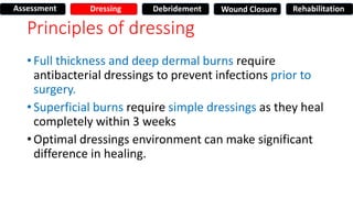 Principles of dressing
• Full thickness and deep dermal burns require
antibacterial dressings to prevent infections prior to
surgery.
• Superficial burns require simple dressings as they heal
completely within 3 weeks
• Optimal dressings environment can make significant
difference in healing.
Assessment Dressing Debridement Wound Closure Rehabilitation
 