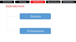 Debridement
Excision
Escharotomy
Assessment Dressing Debridement Wound Closure Rehabilitation
 