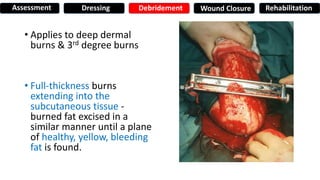 • Applies to deep dermal
burns & 3rd degree burns
• Full-thickness burns
extending into the
subcutaneous tissue -
burned fat excised in a
similar manner until a plane
of healthy, yellow, bleeding
fat is found.
Assessment Dressing Debridement Wound Closure Rehabilitation
 