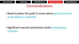 Contraindications
• Need to place the graft in areas where good cosmesis
or durability is essential
• Significant wound contraction could compromise
function.
Assessment Dressing Debridement Wound Closure Rehabilitation
 