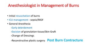 Anesthesiologist in Management of Burns
• Initial resuscitation of burns
• ICU management - sepsis/MOF
• General Anesthesia
-Early debridement
-Excision of granulation tissue/Skin Graft
-Change of Dressings
-Reconstructive plastic surgery: Post Burn Contracture
 