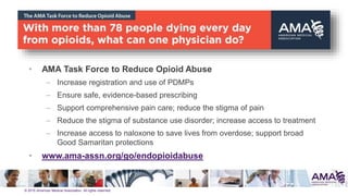 © 2015 American Medical Association. All rights reserved.
• AMA Task Force to Reduce Opioid Abuse
– Increase registration and use of PDMPs
– Ensure safe, evidence-based prescribing
– Support comprehensive pain care; reduce the stigma of pain
– Reduce the stigma of substance use disorder; increase access to treatment
– Increase access to naloxone to save lives from overdose; support broad
Good Samaritan protections
• www.ama-assn.org/go/endopioidabuse
2
 