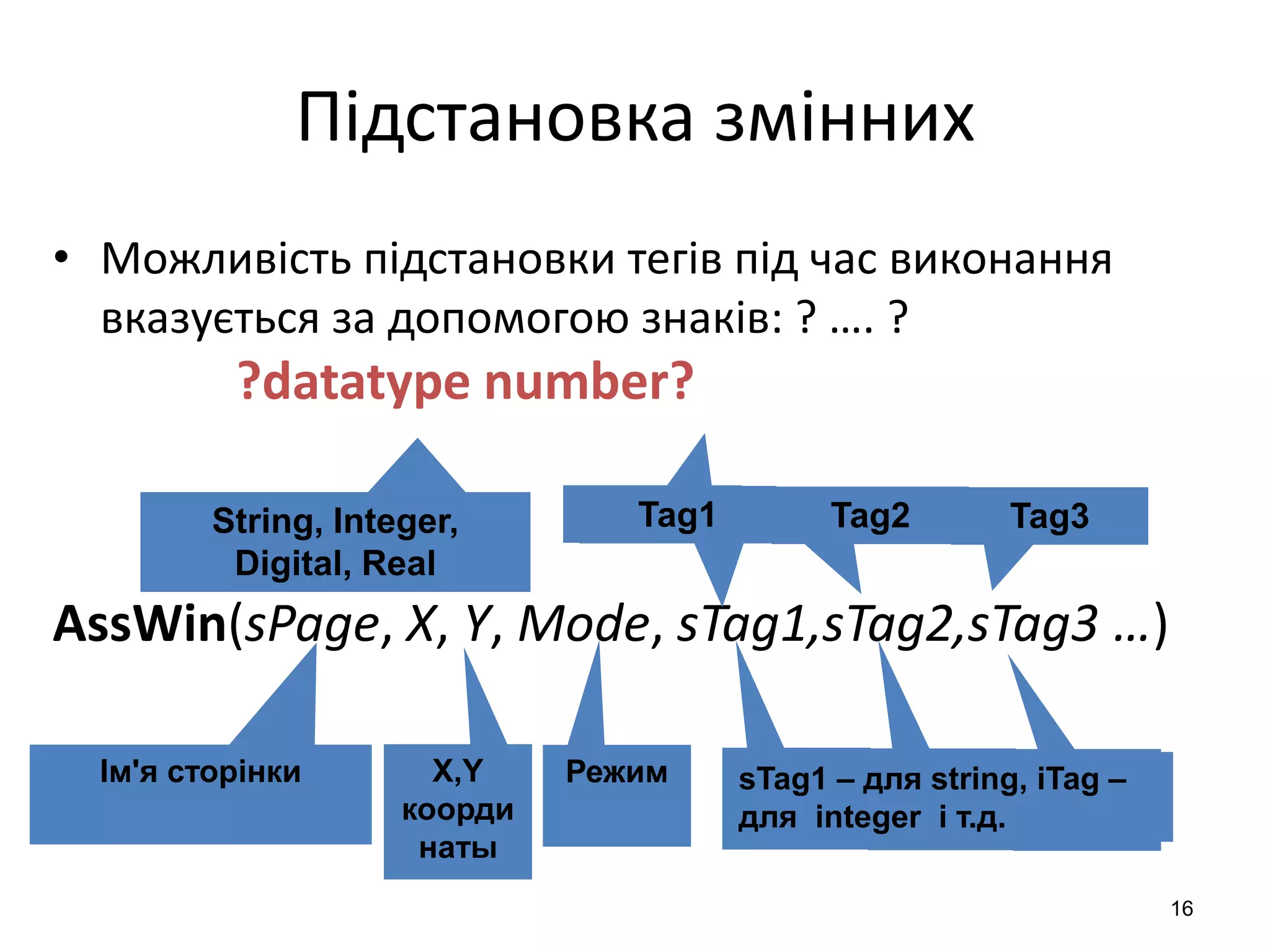 16
Підстановка змінних
• Можливість підстановки тегів під час виконання
вказується за допомогою знаків: ? …. ?
?datatype number?
AssWin(sPage, X, Y, Mode, sTag1,sTag2,sTag3 …)
Ім'я сторінки X,Y
коорди
наты
Режим sTag1 – для string, iTag –
для integer і т.д.
String, Integer,
Digital, Real
Tag1Tag1 Tag2 Tag3
 