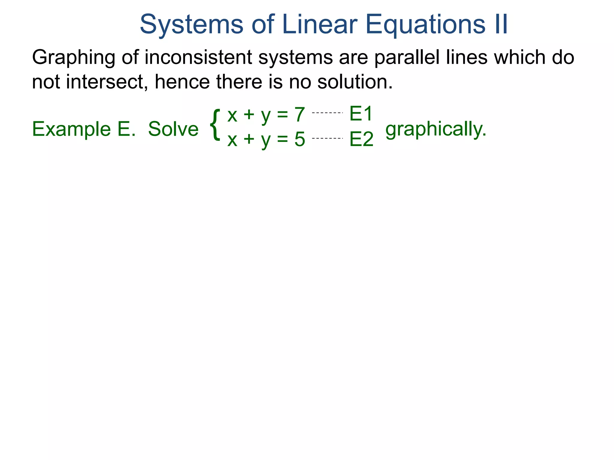 Graphing of inconsistent systems are parallel lines which do
not intersect, hence there is no solution.
Systems of Linear Equations II
x + y = 7
x + y = 5
Solve graphically.{ E1
E2
Example E.
 
