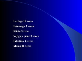 Laringe 18 veces
Estómago 3 veces
Riñón 5 veces
Vejiga y pene 3 veces
Intestino 6 veces
Mama 16 veces
 