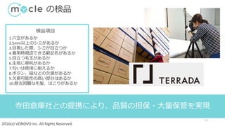 2016(c) VONOVO inc. All Rights Reserved.
の検品
11
検品項目
1.穴空があるか
2.5mm以上のシミがあるか
3.目視した際、シミが目立つか
4.着用時視認できる範記名があるか
5.目立つ毛玉があるか
6.生地に摩耗があるか
7.匂いは使用に耐えるか
8.ボタン、紐などの欠損があるか
9.欠損可能性の高い部分はあるか
10.除去困難な毛髪、ほこりがあるか
寺田倉庫社との提携により、品質の担保・大量保管を実現
 