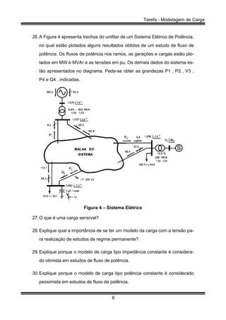 Tarefa - Modelagem de Carga
6
26.A Figura 4 apresenta trechos do unifilar de um Sistema Elétrico de Potência,
no qual estão plotados alguns resultados obtidos de um estudo de fluxo de
potência. Os fluxos de potência nos ramos, as gerações e cargas estão plo-
tados em MW e MVAr e as tensões em pu. Os demais dados do sistema es-
tão apresentados no diagrama. Pede-se obter as grandezas P1 , P2 , V3 ,
P4 e Q4 , indicadas.
Figura 4 – Sistema Elétrico
27.O que é uma carga sensível?
28.Explique qual a importância de se ter um modelo da carga com a tensão pa-
ra realização de estudos de regime permanente?
29.Explique porque o modelo de carga tipo impedância constante é considera-
do otimista em estudos de fluxo de potência.
30.Explique porque o modelo de carga tipo potência constante é considerado
pessimista em estudos de fluxo de potência.
 