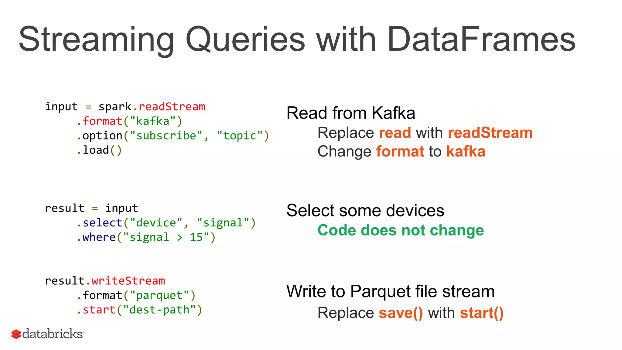 Streaming Queries with DataFrames
input = spark.readStream
.format("kafka")
.option("subscribe", "topic")
.load()
result = input
.select("device", "signal")
.where("signal > 15")
result.writeStream
.format("parquet")
.start("dest-path")
Read from Kafka
Replace read with readStream
Change format to kafka
Select some devices
Code does not change
Write to Parquet file stream
Replace save() with start()
 