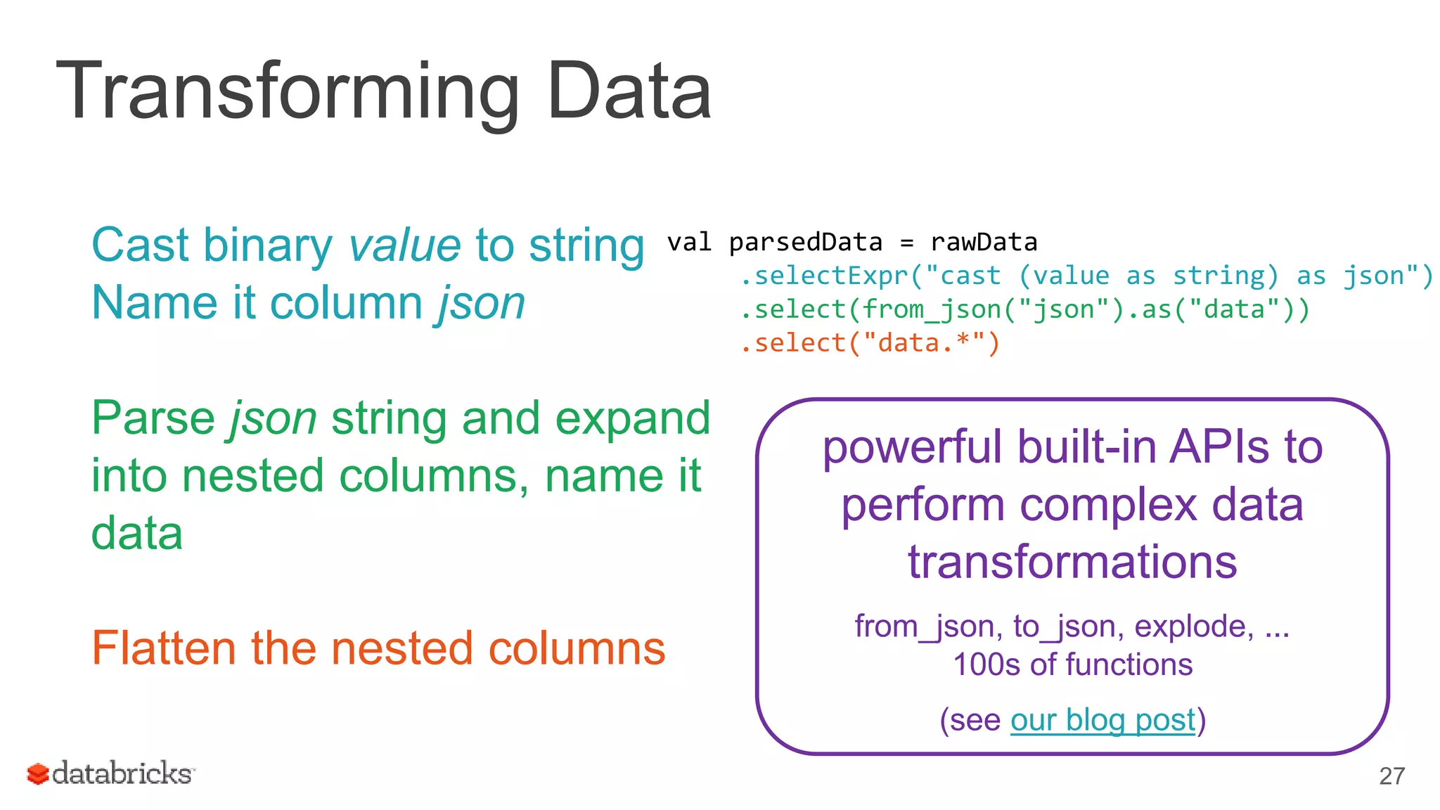 Transforming Data
Cast binary value to string
Name it column json
Parse json string and expand
into nested columns, name it
data
Flatten the nested columns
27
val parsedData = rawData
.selectExpr("cast (value as string) as json")
.select(from_json("json").as("data"))
.select("data.*")
powerful built-in APIs to
perform complex data
transformations
from_json, to_json, explode, ...
100s of functions
(see our blog post)
 