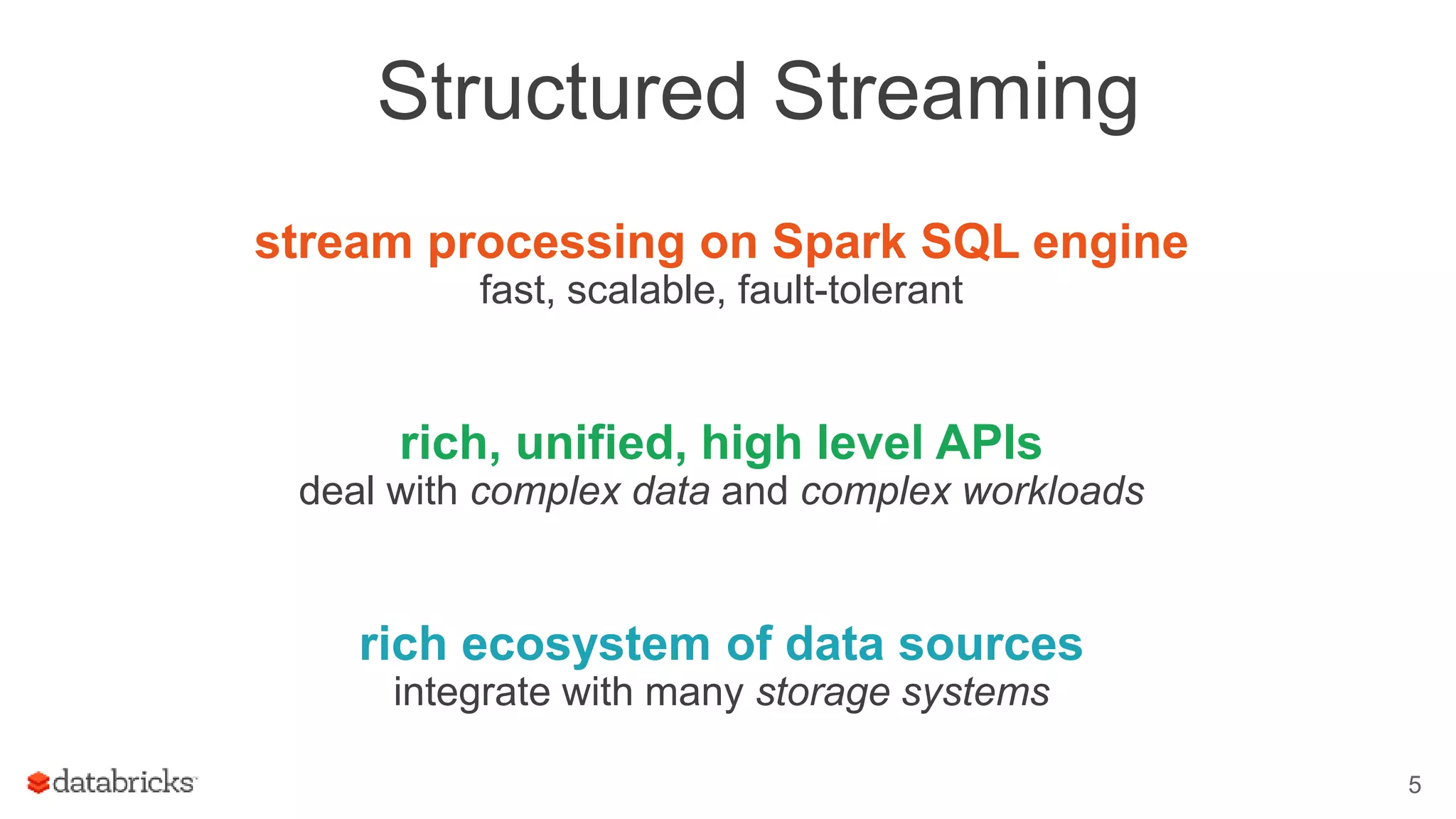 Structured Streaming
stream processing on Spark SQL engine
fast, scalable, fault-tolerant
rich, unified, high level APIs
deal with complex data and complex workloads
rich ecosystem of data sources
integrate with many storage systems
5
 