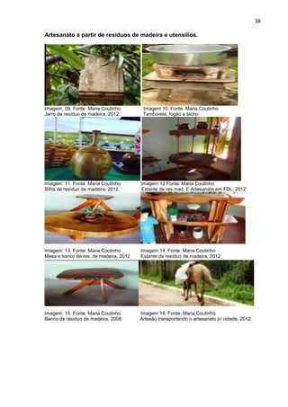 38

Artesanato a partir de resíduos de madeira e utensílios.




Imagem; 09. Fonte: Maria Coutinho         Imagem 10. Fonte: Maria Coutinho
Jarro de resíduo de madeira, 2012.        Tamborete, fogão e tacho




Imagem: 11. Fonte: Maria Coutinho        Imagem 12:Fonte: Maria Coutinho
Bilha de resíduo de madeira, 2012.       Estante de res.mad. E Artesanato em FDL, 2012.




Imagem: 13. Fonte: Maria Coutinho        Imagem 14. Fonte: Maria Coutinho
Mesa e banco de res. de madeira, 2012.   Estante de resíduo de madeira, 2012.




Imagem: 15. Fonte: Maria Coutinho        Imagem 16. Fonte: Maria Coutinho
Banco de residuo de madeira, 2008.       Artesão transportando o artesanato p/ cidade, 2012.
 