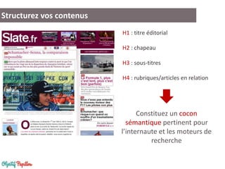 Structurez vos contenus
H1 : titre éditorial
H2 : chapeau
H3 : sous-titres
H4 : rubriques/articles en relation
Constituez un cocon
sémantique pertinent pour
l’internaute et les moteurs de
recherche
 